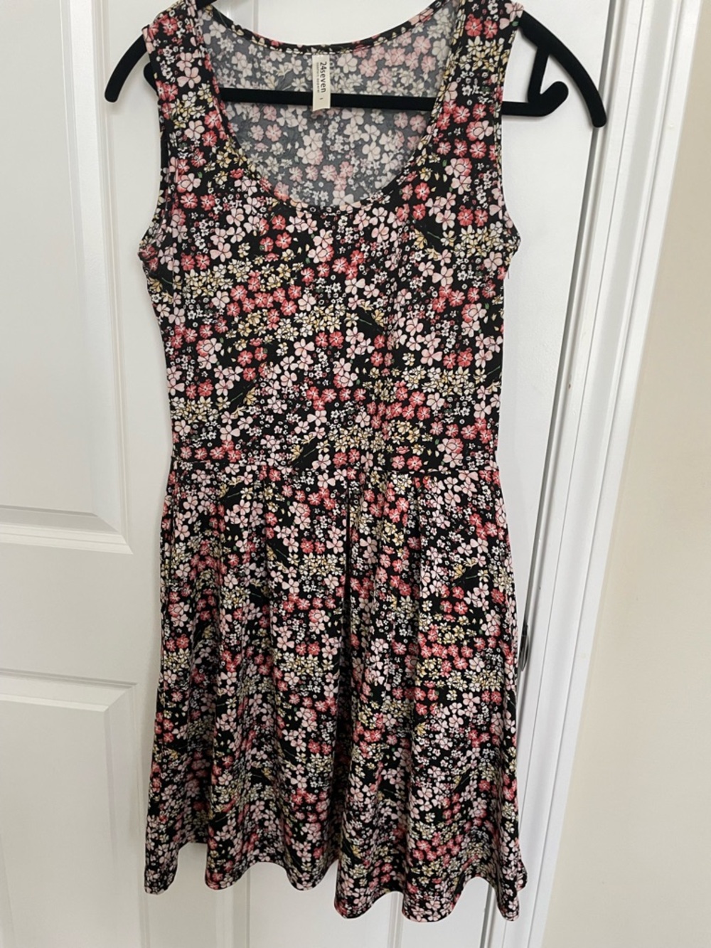 Floral Sleeveless Fit & Flare Dress - Black with Pink Floral